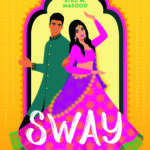 Illustrated image of a desi man in an emerald shalwar and a desi woman in a pink and purple lengha choli both posing as if in the middle of a dance, against a yellow and orange Arabesque pattern entryway